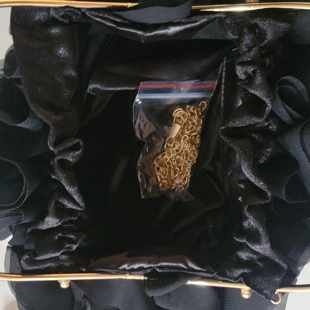 SOLD Black Ruffled Handbag with gold handles and chain - Picture 9 of 9